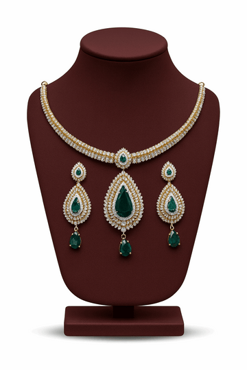 Semi Precious Emerald Cubic Zirconia Sterling Silver 24K Gold plated Neckless With Earrings