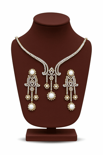 Pearl (Moti) Cubic Zirconia Sterling Silver 24K Gold plated Neckless With Earrings