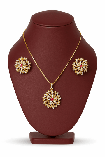 Semi Precious Ruby Cubic Zirconia Sterling Silver 24K Gold plated Pendant With Ear Studs