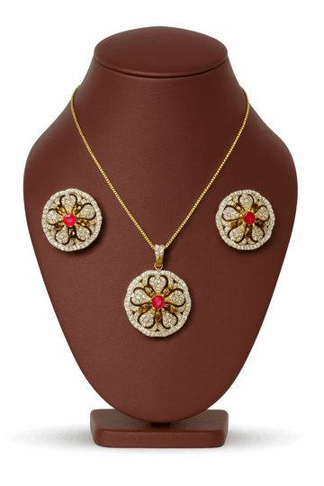 Semi Precious Ruby Cubic Zirconia Sterling Silver 24K Gold plated Pendent With Ear Studs