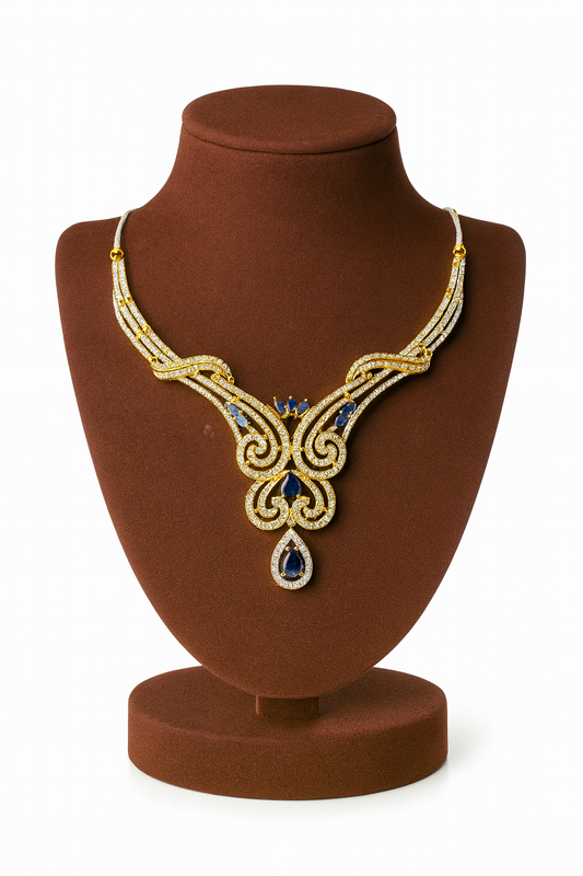 Semi Precious Sapphire Cubic Zirconia Sterling Silver 24K Gold plated Neckless With Earrings