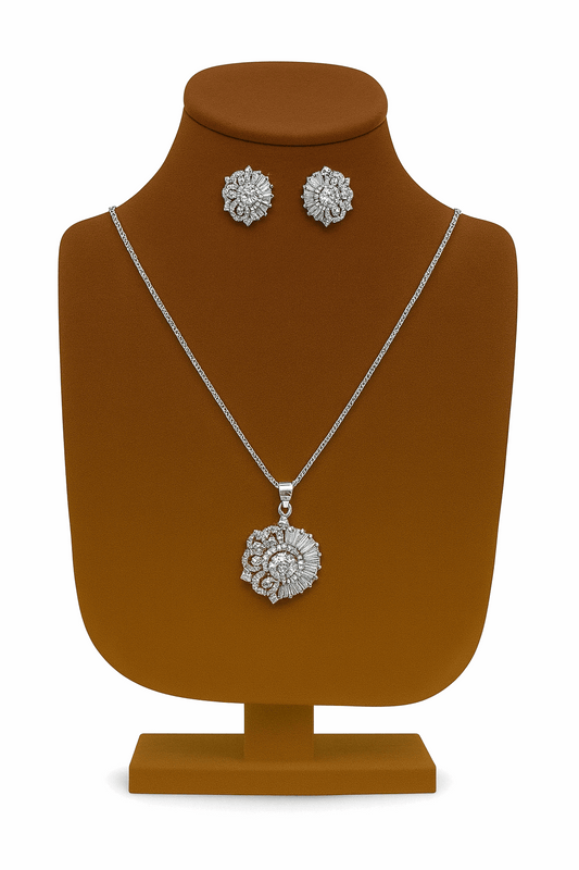 Cubic Zirconia Sterling Silver Pendant With Ear Studs