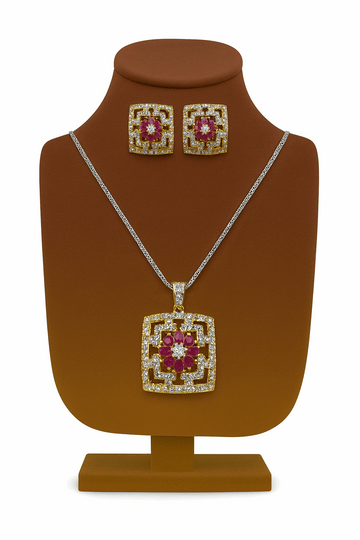 Semi Precious Ruby Cubic Zirconia Sterling Silver 24K Gold plated Pendant With Ear Studs