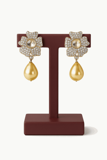 Cubic Zirconia, Yellow Pearl Stone Ear Studs Sterling Silver 24K Gold Plated