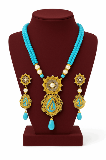 24K Gold-Plated Sterling Silver Necklace Set with Turquoise and Pearl Beads