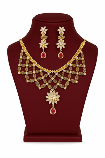 Semi Precious Ruby Pearl Cubic Zirconia Sterling Silver 24K Gold plated Neckless With Earrings
