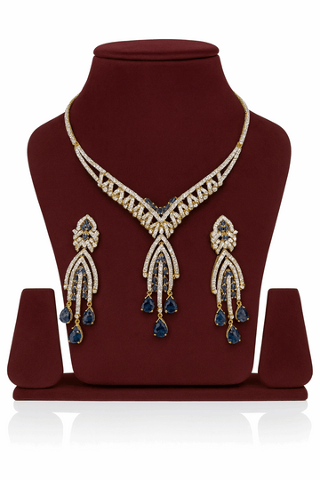 Semi Precious Sapphire Cubic Zirconia Sterling Silver 24K Gold plated Neckless With Earrings
