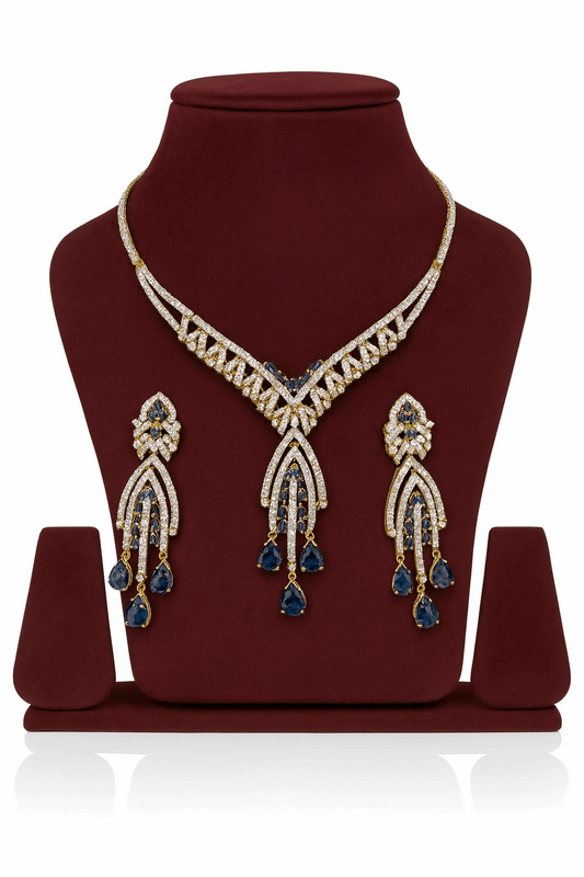 Semi Precious Sapphire Cubic Zirconia Sterling Silver 24K Gold plated Neckless With Earrings