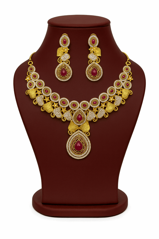 Semi Precious Ruby Cubic Zirconia Sterling Silver 24K Gold plated Neckless With Earrings