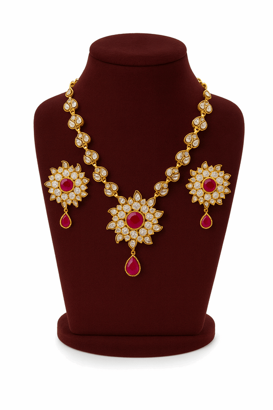 Semi Precious Ruby Cubic Zirconia Sterling Silver 24K Gold plated Necklace