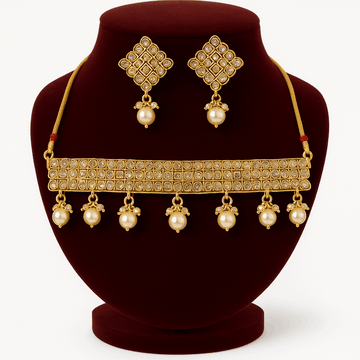Kundan Pearl Cubic Zirconia Choker Necklace With Earrings