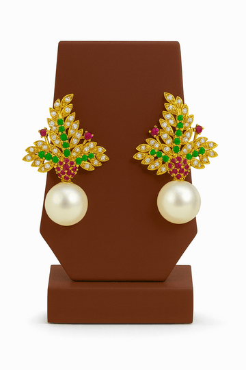 Cubic Zirconia, Emerald, Ruby with Cultured Pearl Ear Studs Sterling Silver 24K Gold plated
