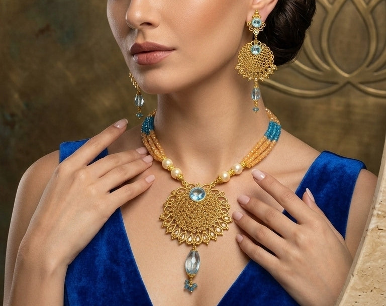 24K Gold-Plated Sterling Silver Necklace Set with Turquoise Mala Set