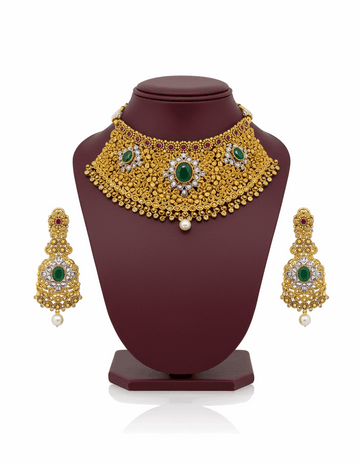 Semi Precious Emerald Cubic Zirconia Sterling Silver 24K Gold plated Bridle Set