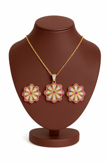 Semi Precious Ruby Cubic Zirconia Sterling Silver 24K Gold plated Pendent With Ear Studs