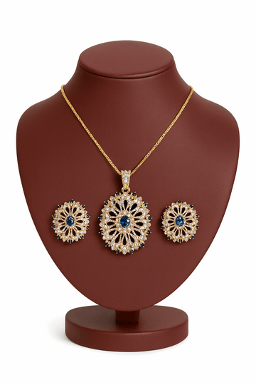 Semi Precious Sapphire Cubic Zirconia Sterling Silver 24K Gold plated Pendant With Ear Studs