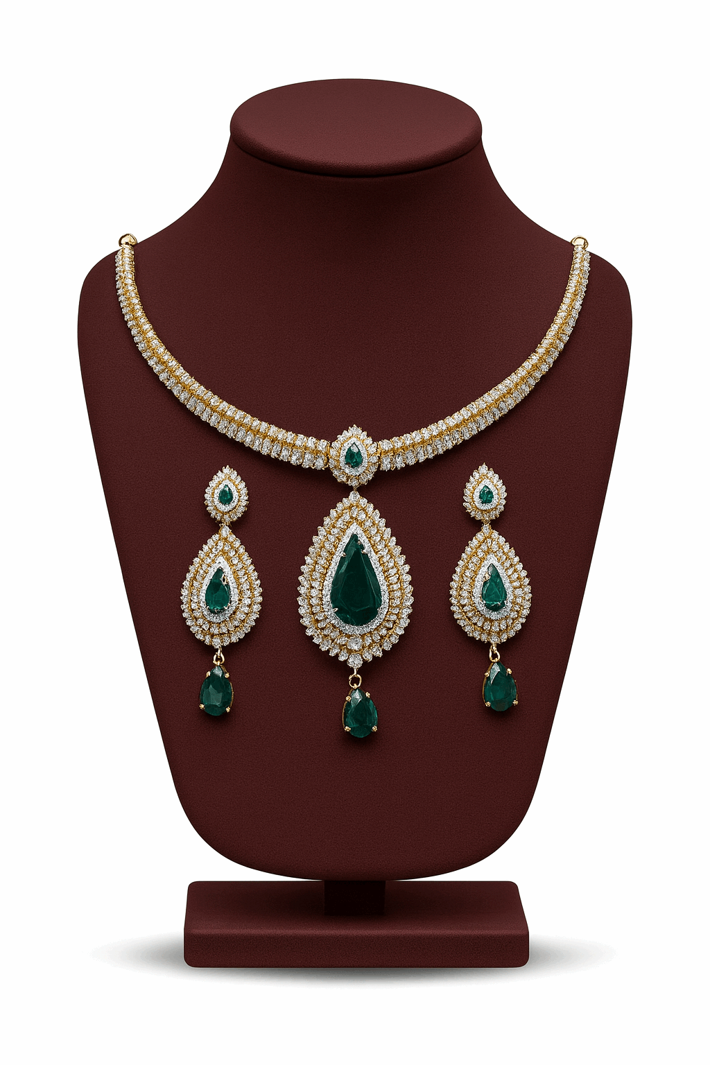 Semi Precious Emerald Cubic Zirconia Sterling Silver 24K Gold plated Neckless With Earrings