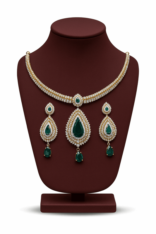 Semi Precious Emerald Cubic Zirconia Sterling Silver 24K Gold plated Neckless With Earrings