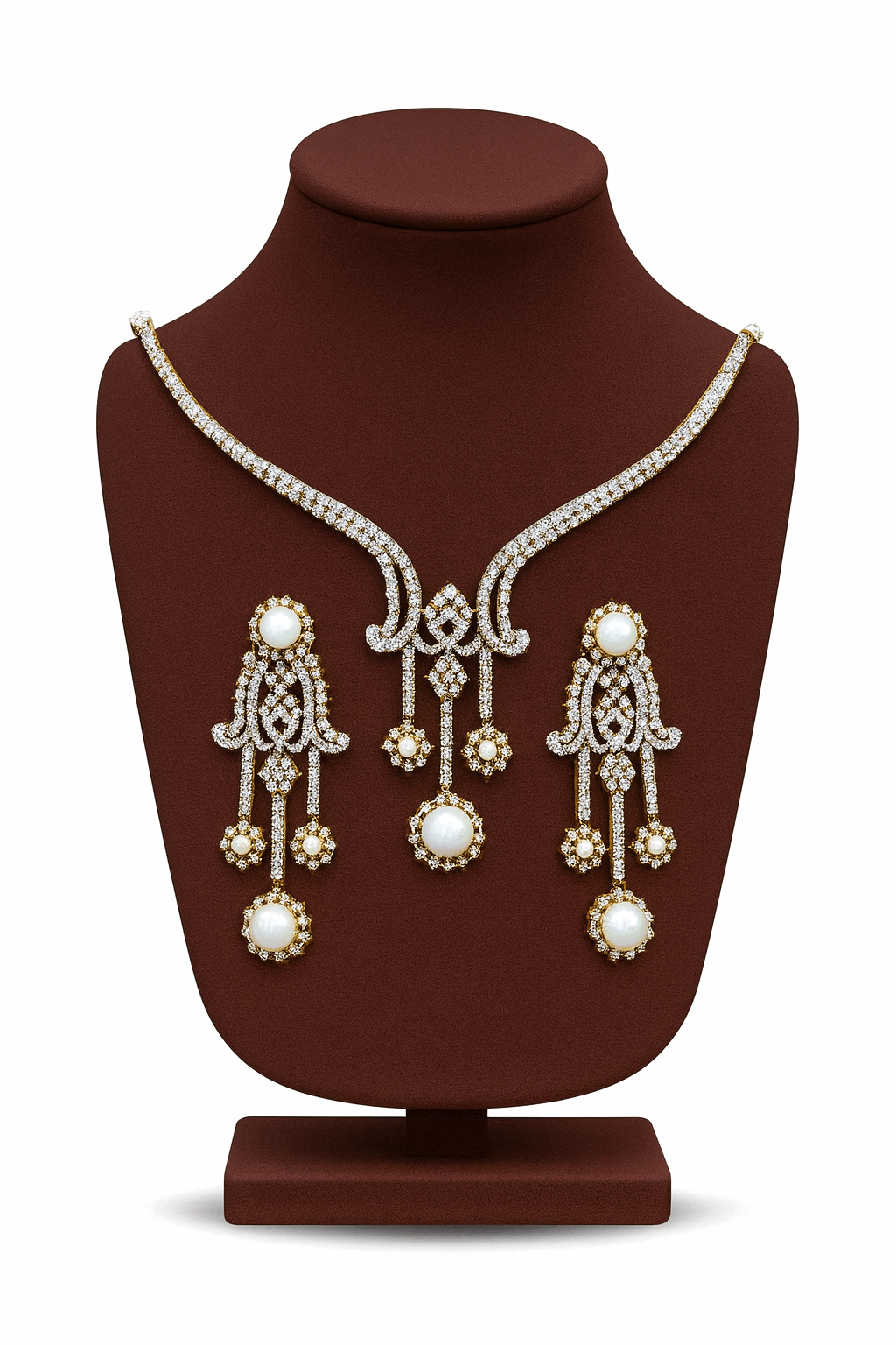 Pearl (Moti) Cubic Zirconia Sterling Silver 24K Gold plated Neckless With Earrings
