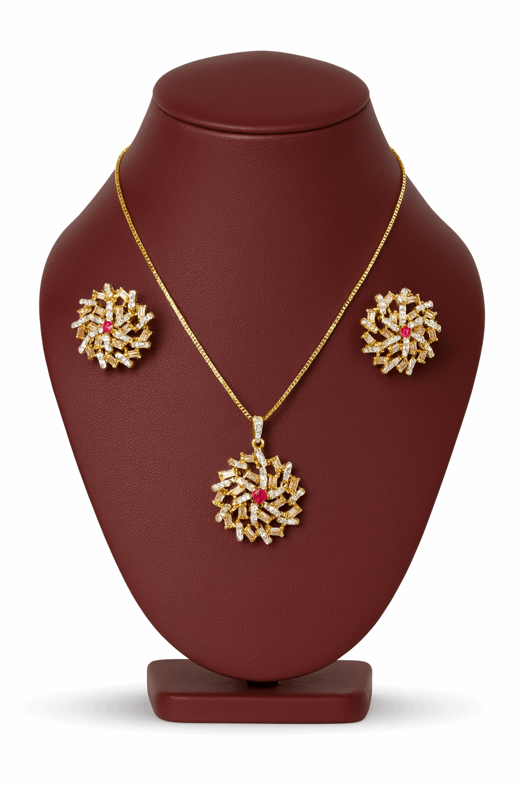 Semi Precious Ruby Cubic Zirconia Sterling Silver 24K Gold plated Pendant With Ear Studs