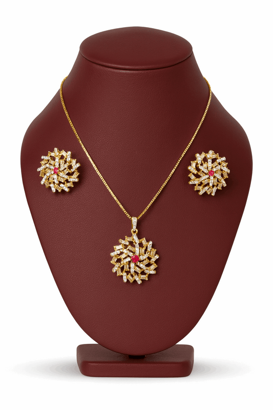 Semi Precious Ruby Cubic Zirconia Sterling Silver 24K Gold plated Pendant With Ear Studs