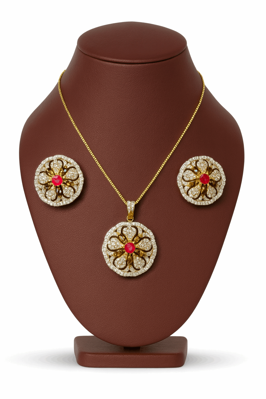 Semi Precious Ruby Cubic Zirconia Sterling Silver 24K Gold plated Pendent With Ear Studs