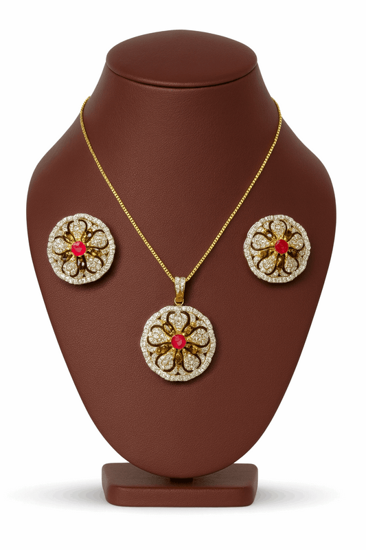 Semi Precious Ruby Cubic Zirconia Sterling Silver 24K Gold plated Pendent With Ear Studs