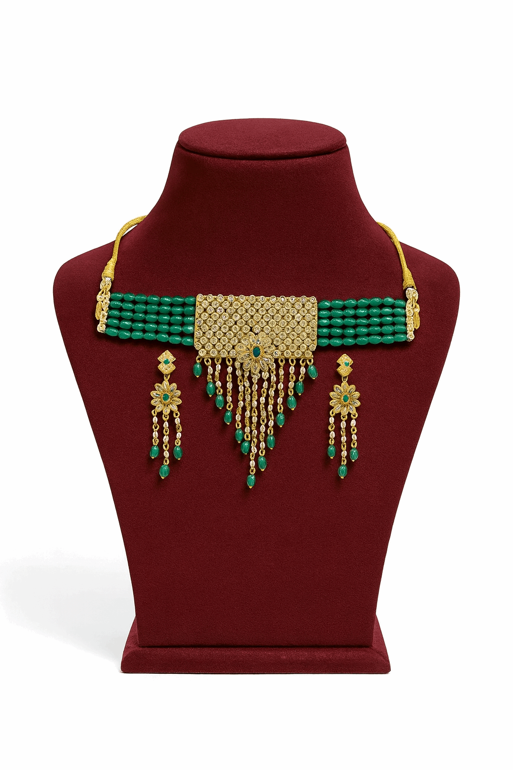 Kundan Green Jade Cubic Zirconia Choker Necklace With Earrings