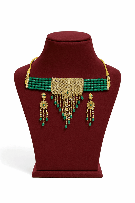 Kundan Green Jade Cubic Zirconia Choker Necklace With Earrings