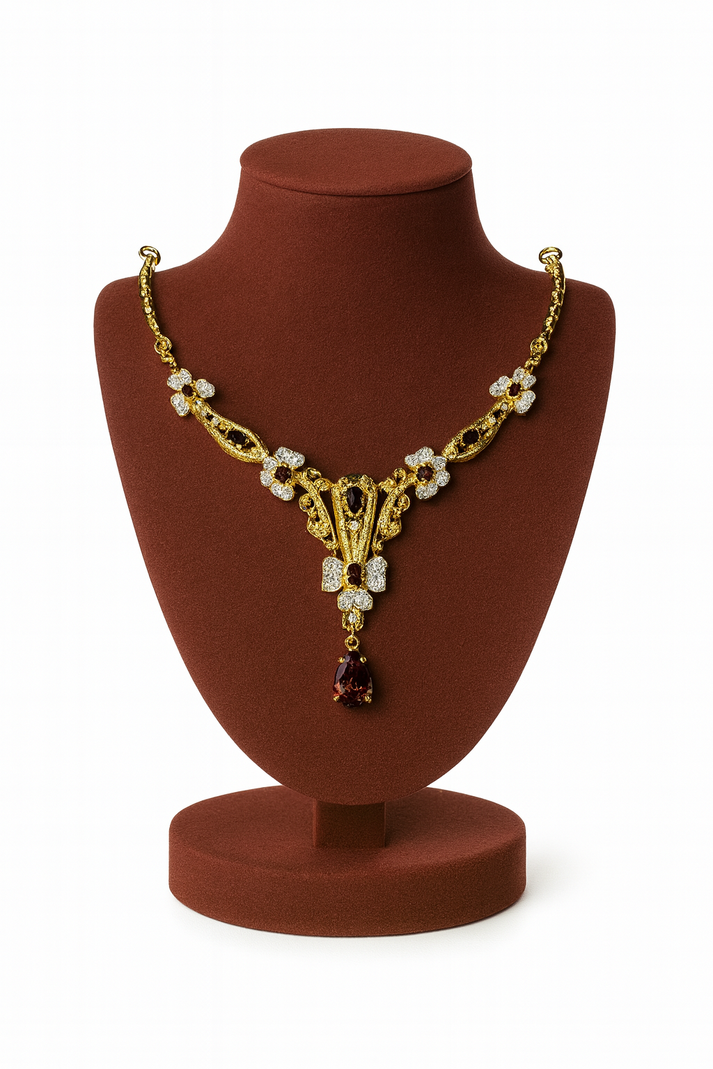 Cubic Zirconia Coffee Champagne Sterling Silver 24K Gold plated necklace with earrings
