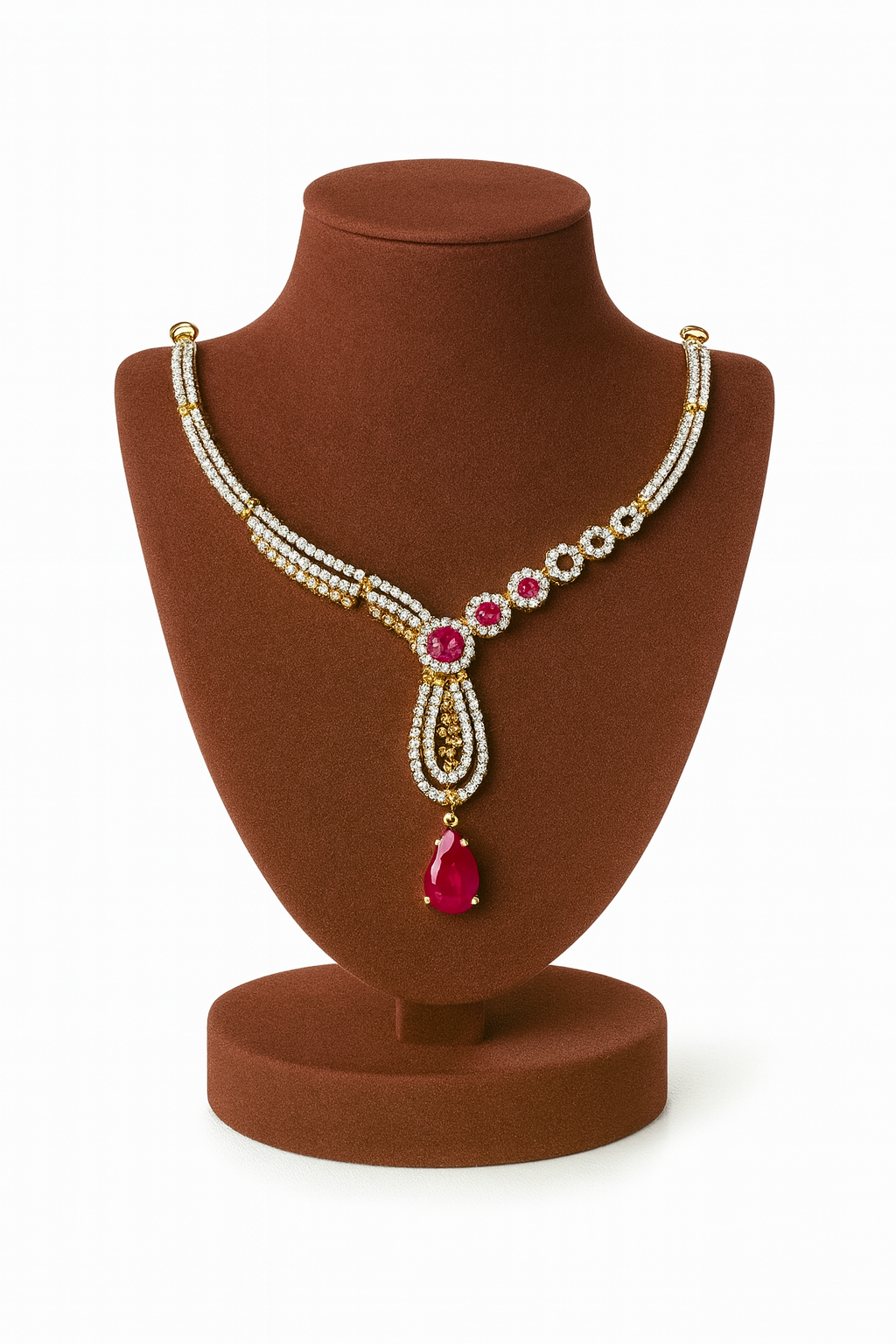 Semi Precious Ruby Cubic Zirconia Sterling Silver 24K Gold plated Neckless With Earrings