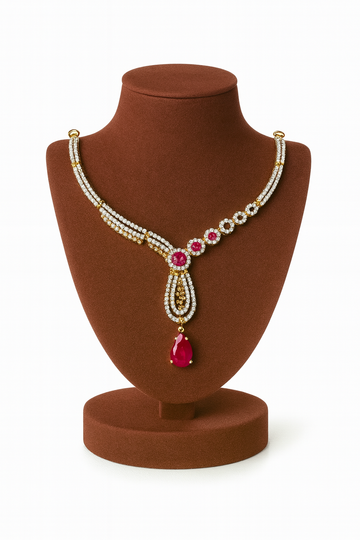 Semi Precious Ruby Cubic Zirconia Sterling Silver 24K Gold plated Neckless With Earrings