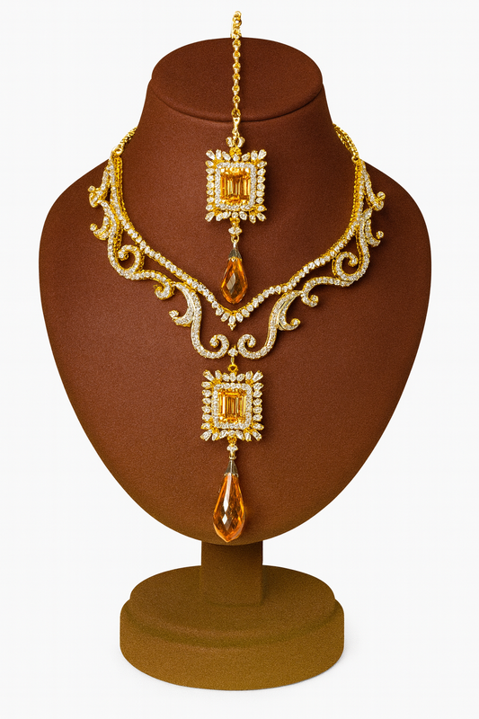 Champagne Cubic Zirconia Sterling Silver 24K Gold plated Neckless With Earrings