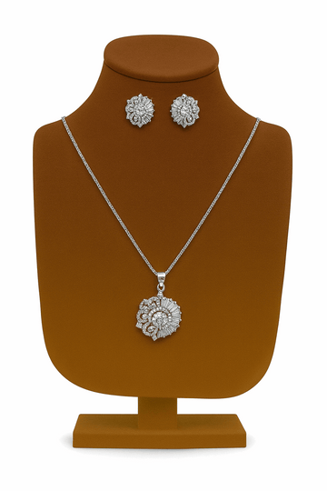 Cubic Zirconia Sterling Silver Pendant With Ear Studs