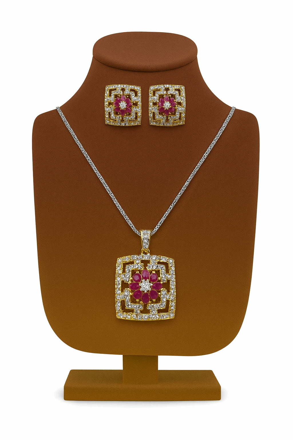 Semi Precious Ruby Cubic Zirconia Sterling Silver 24K Gold plated Pendant With Ear Studs