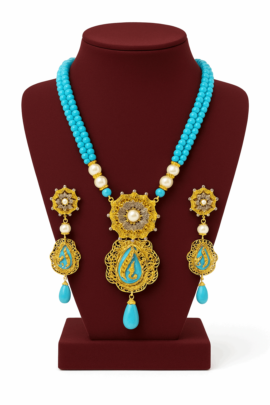 24K Gold-Plated Sterling Silver Necklace Set with Turquoise and Pearl Beads