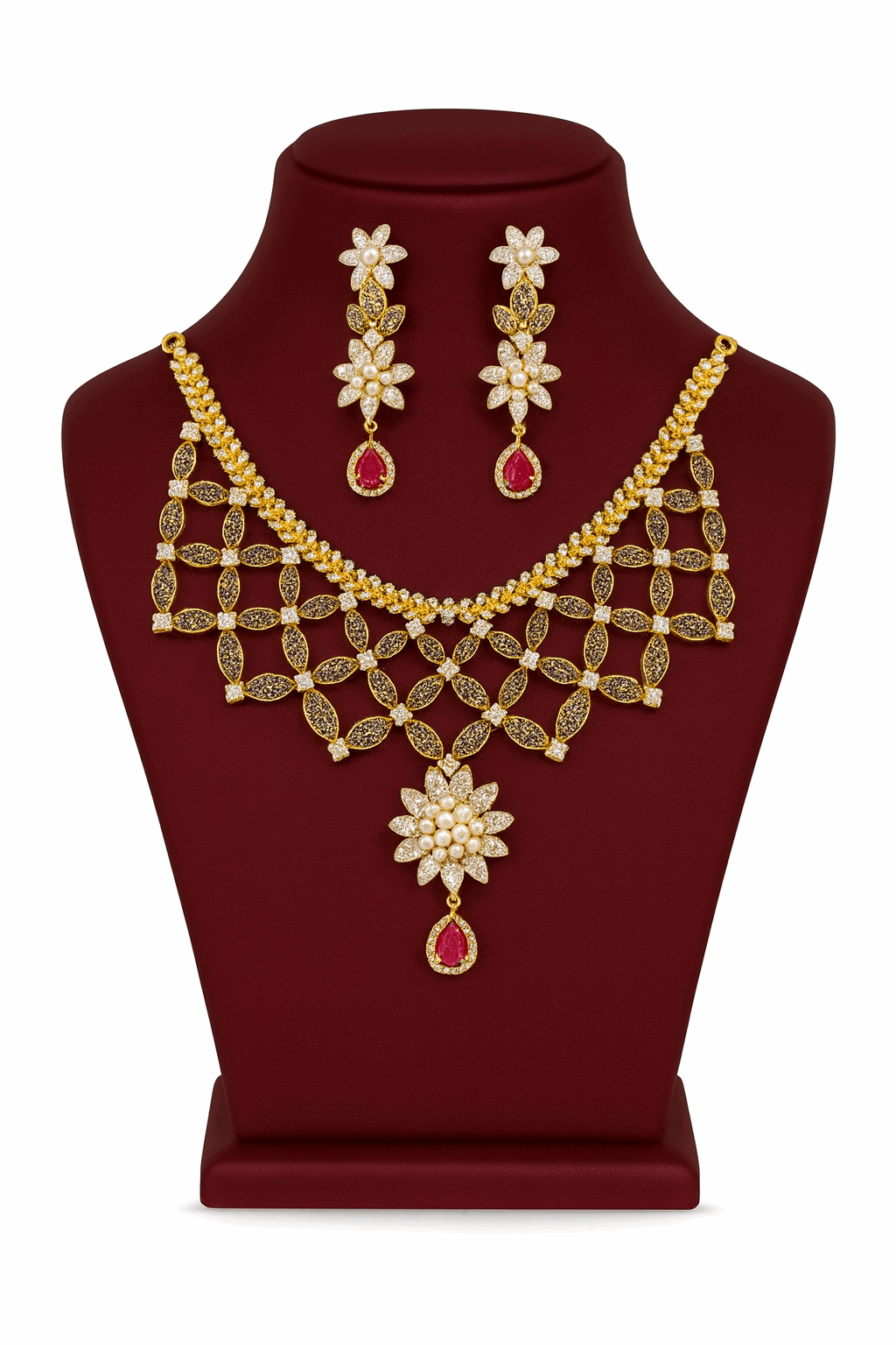 Semi Precious Ruby Pearl Cubic Zirconia Sterling Silver 24K Gold plated Neckless With Earrings