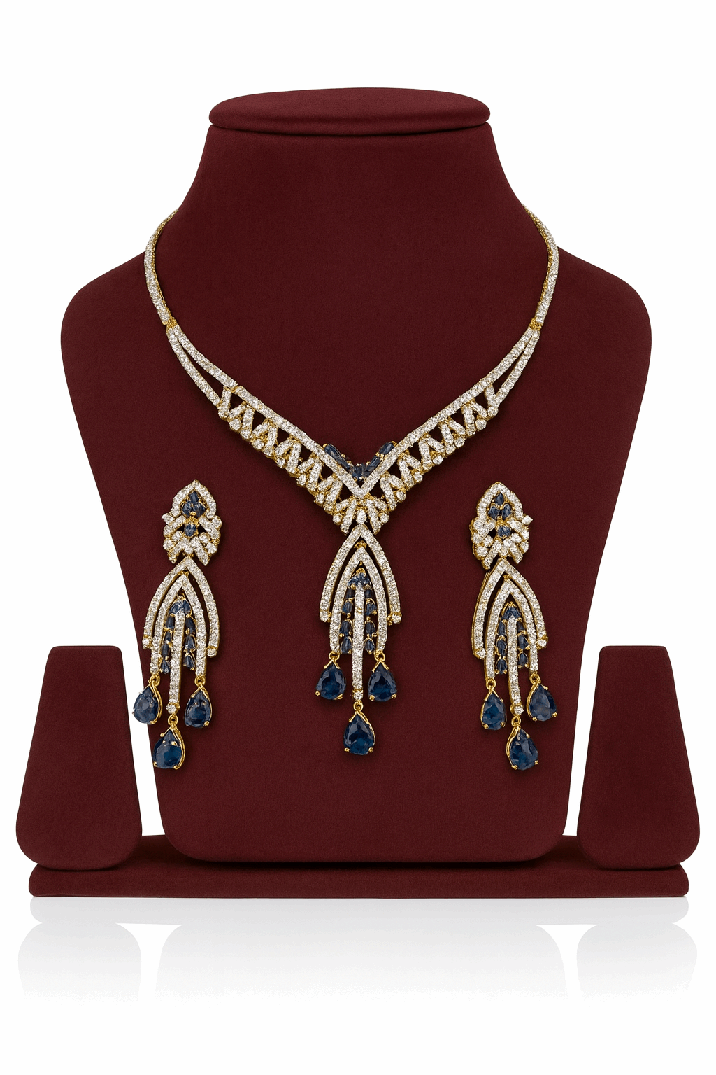 Semi Precious Sapphire Cubic Zirconia Sterling Silver 24K Gold plated Neckless With Earrings