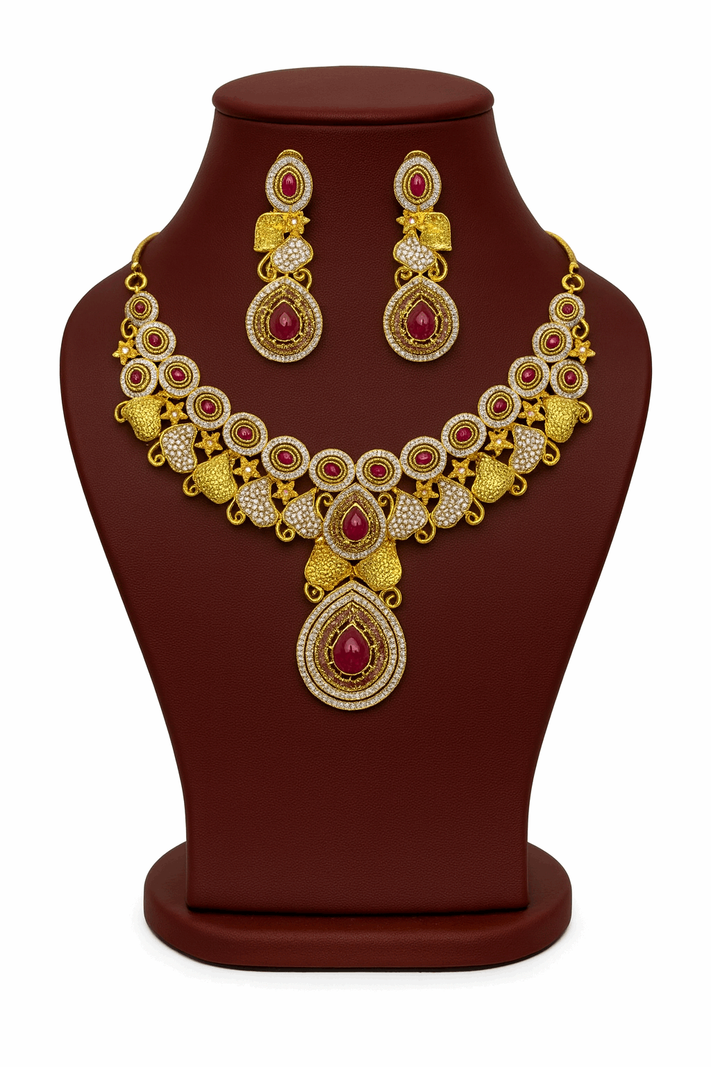 Semi Precious Ruby Cubic Zirconia Sterling Silver 24K Gold plated Neckless With Earrings