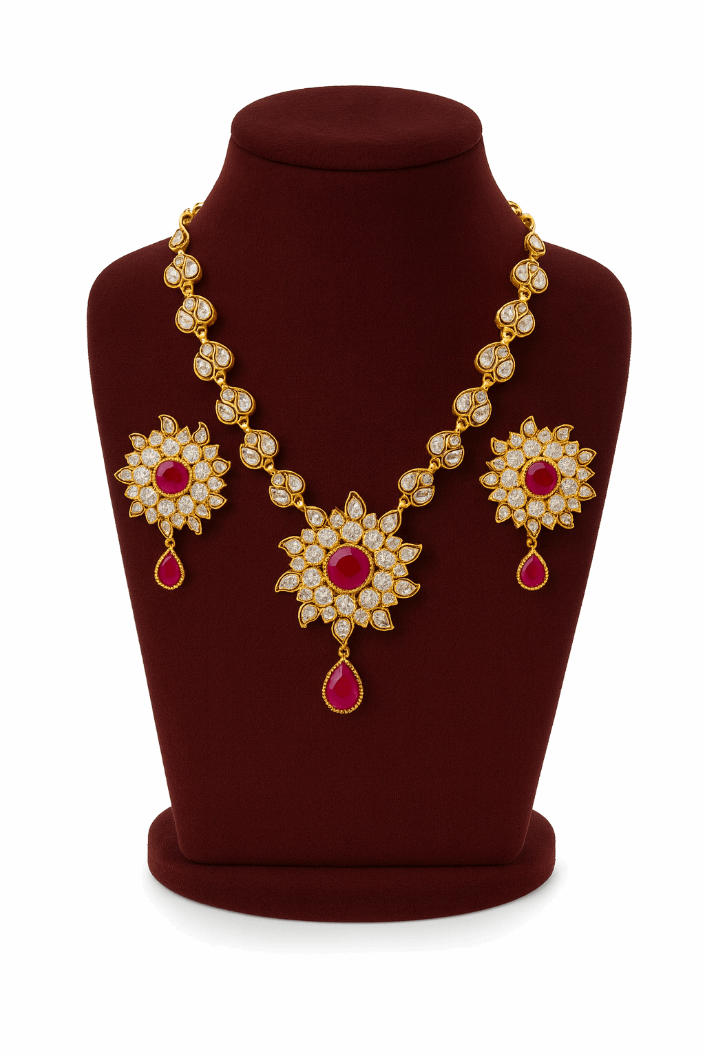 Semi Precious Ruby Cubic Zirconia Sterling Silver 24K Gold plated Necklace