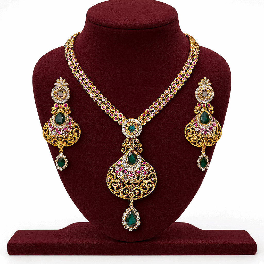 Semi Precious Sapphire Ruby Cubic Zirconia Sterling Silver 24K Gold plated Neckless With Earrings
