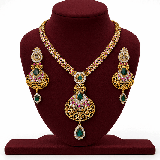 Semi Precious Sapphire Ruby Cubic Zirconia Sterling Silver 24K Gold plated Neckless With Earrings