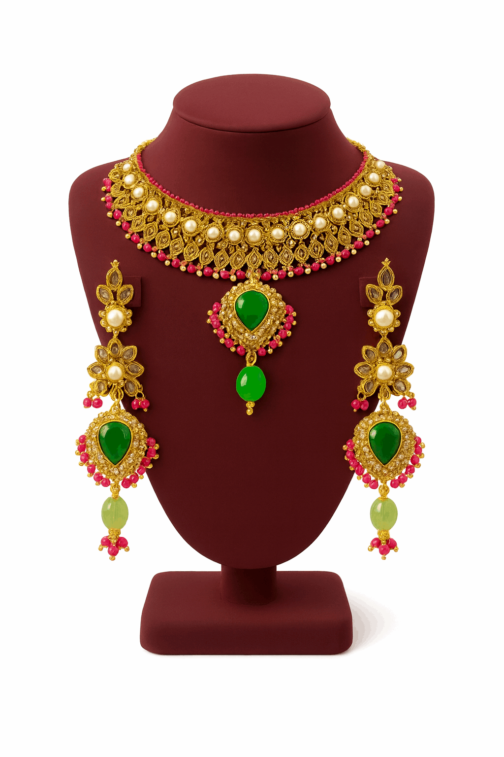 Semi Precious Emerald Ruby Cubic Zirconia Sterling Silver 24K Gold plated Neckless With Earrings