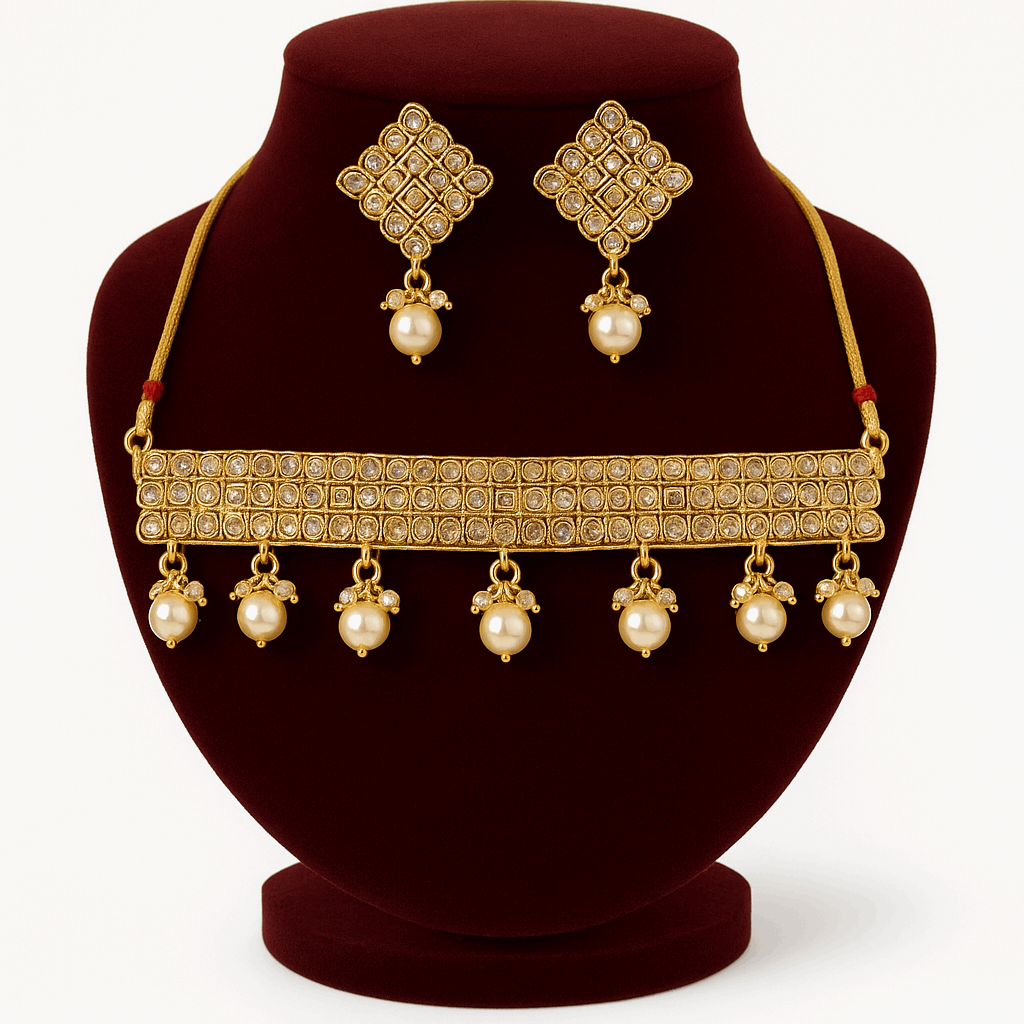 Kundan Pearl Cubic Zirconia Choker Necklace With Earrings