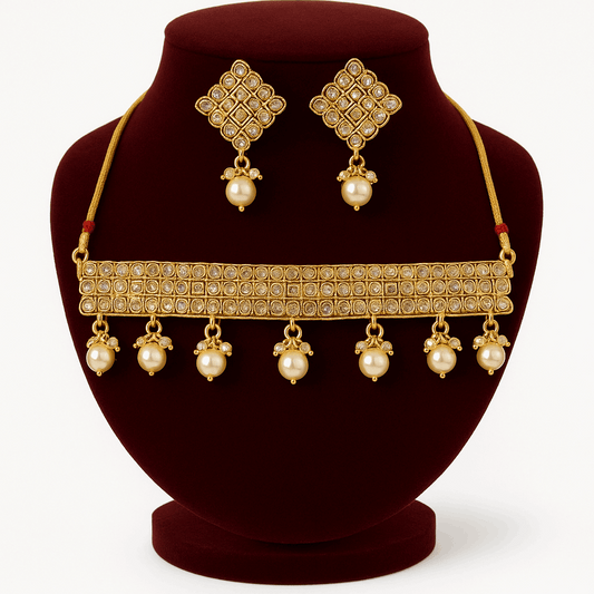 Kundan Pearl Cubic Zirconia Choker Necklace With Earrings