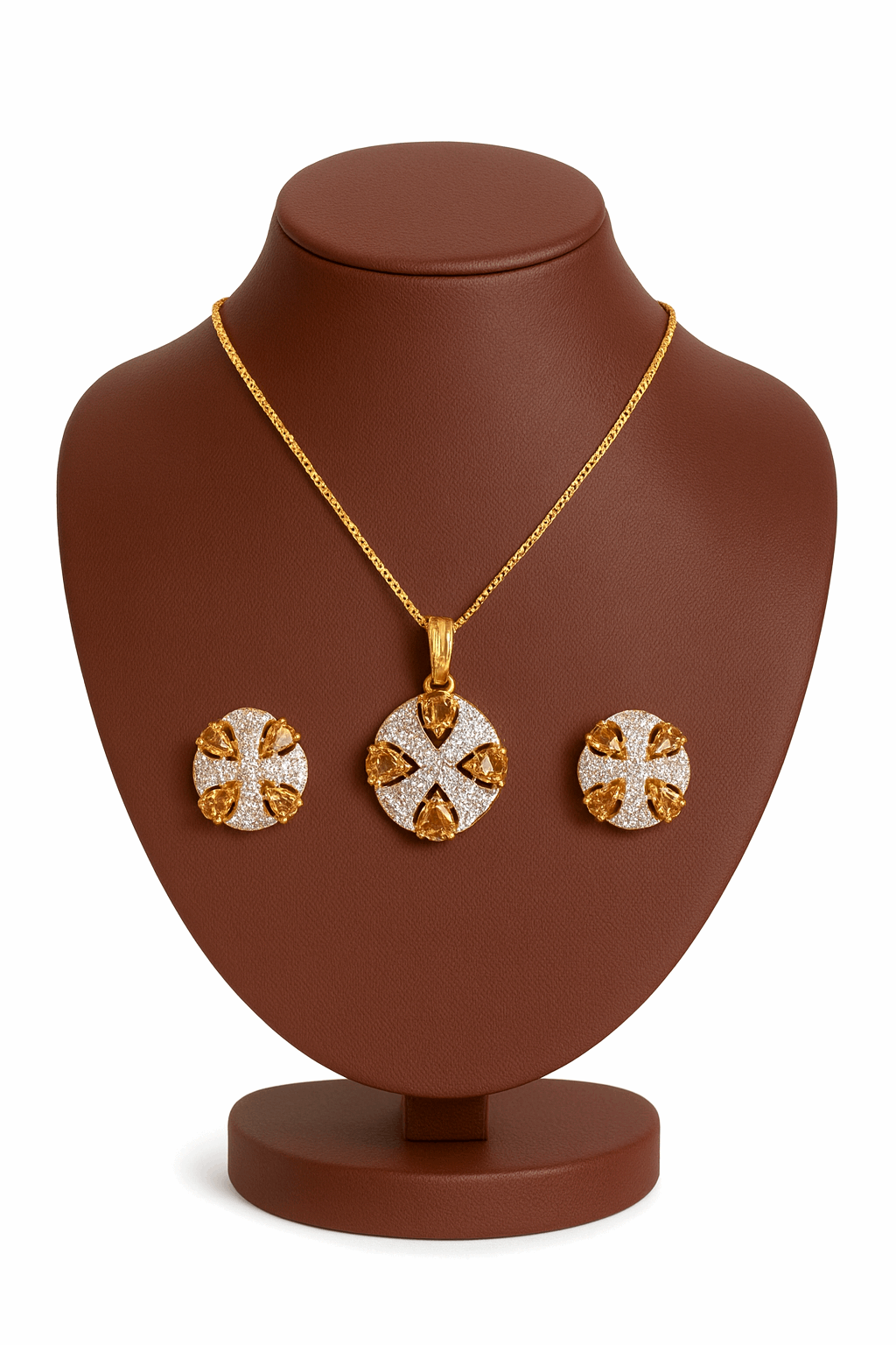 Cubic Zirconia Coffee Champagne Sterling Silver 24K Gold plated Pendant With Ear Studs