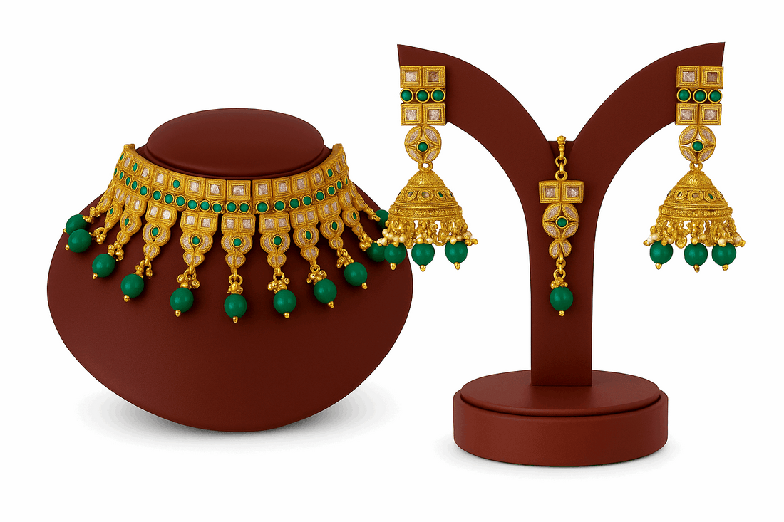 Green Jade Premium Brass Alloy Choker Necklace With Earrings