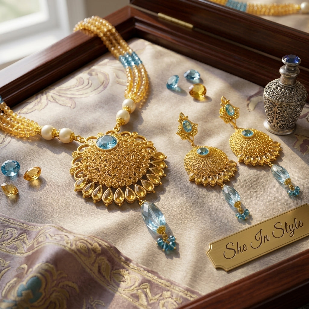 24K Gold-Plated Sterling Silver Necklace Set with Turquoise Mala Set