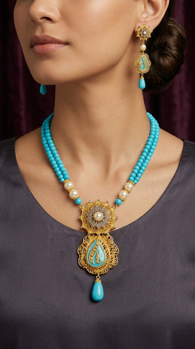 24K Gold-Plated Sterling Silver Necklace Set with Turquoise and Pearl Beads