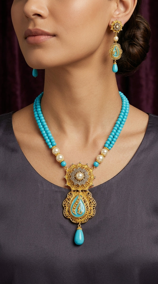 24K Gold-Plated Sterling Silver Necklace Set with Turquoise and Pearl Beads